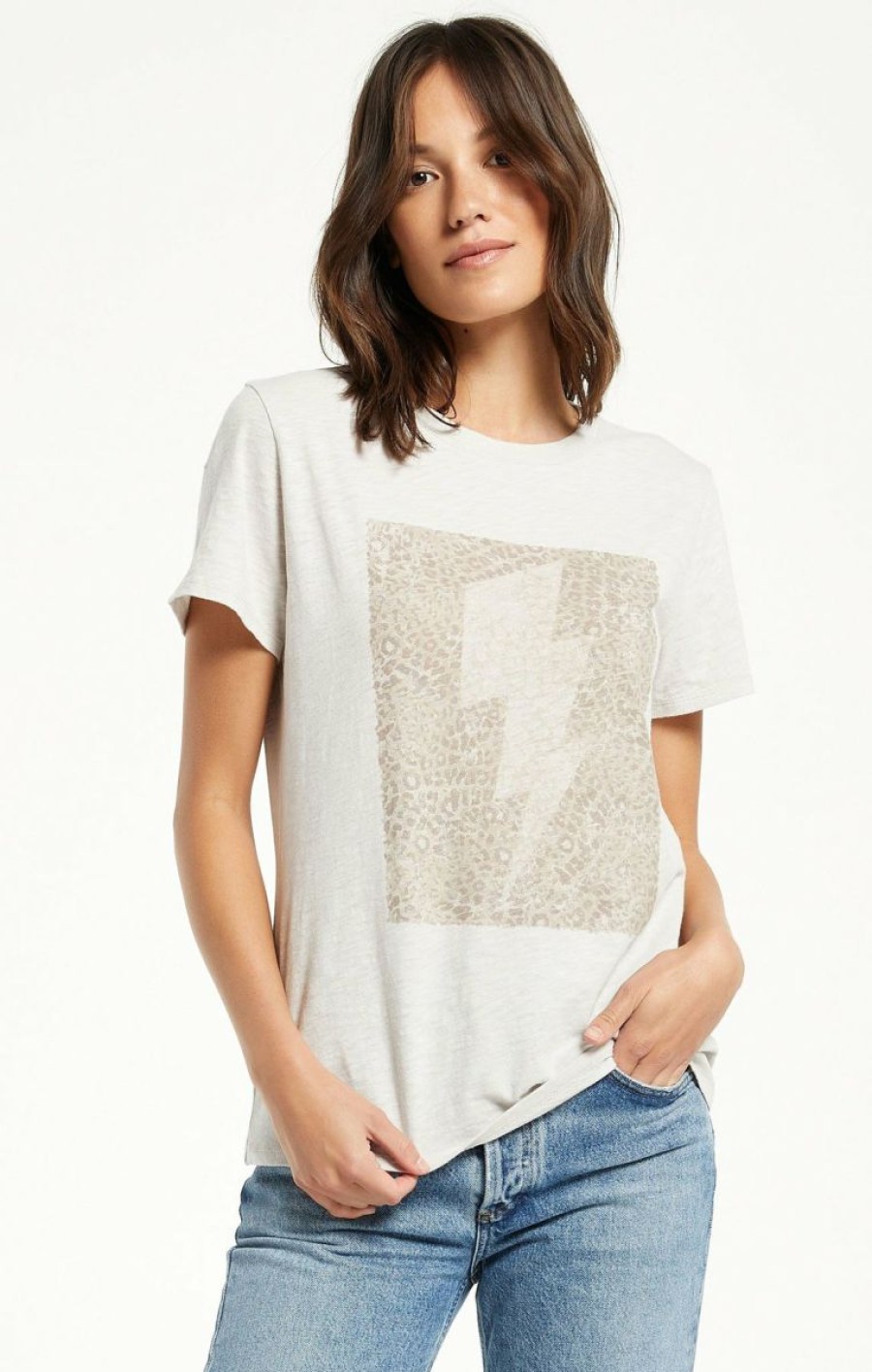 Best * Z Supply Discounts Easy Leopard Bolt Tee Soft Grey