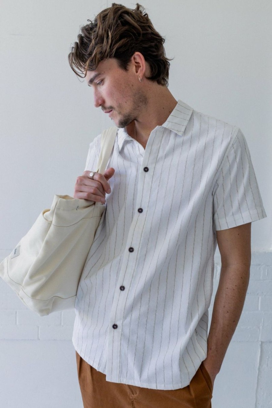 Online * Rhythm. Hot Selling Linen Stripe Ss Shirt Natural