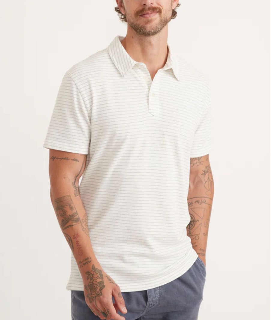 Hot * Marine Layer Less Expensive Lassen Short Sleeve Heavy Slub Polo Antique White/Grey Stripe