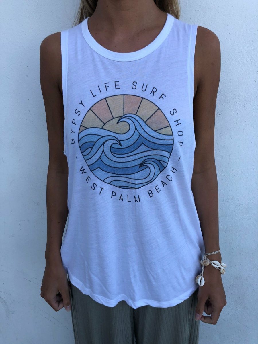 Clearance * Gypsy Life Surf Shop Apparel Large Choice Gypsy Life Surf Shop Og Blue And Orange Logo Flowy Tank White