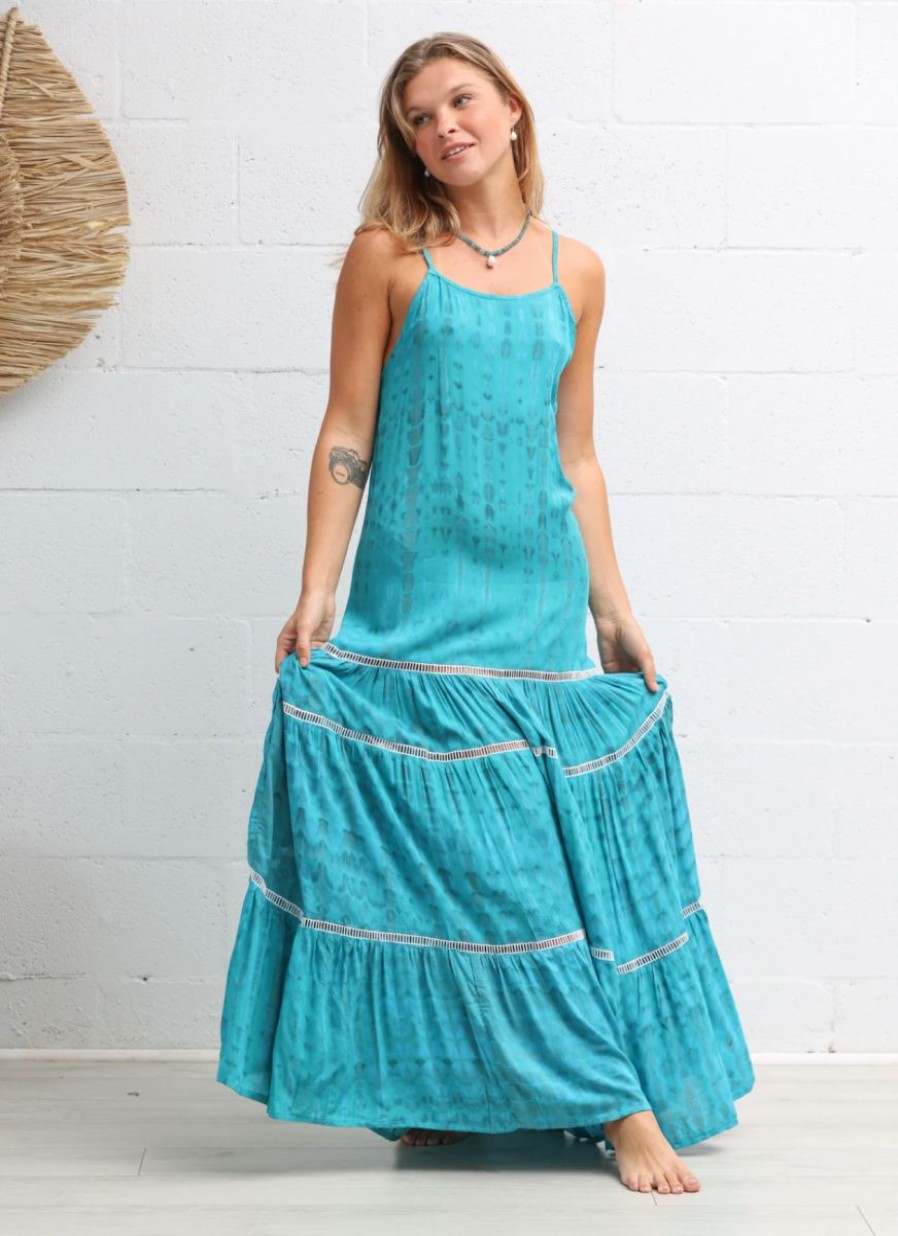 New * Sea Lustre Good Quality Indie Lace Maxi Dress Aqua Tie Dye