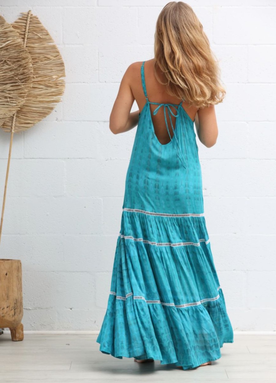 New * Sea Lustre Good Quality Indie Lace Maxi Dress Aqua Tie Dye